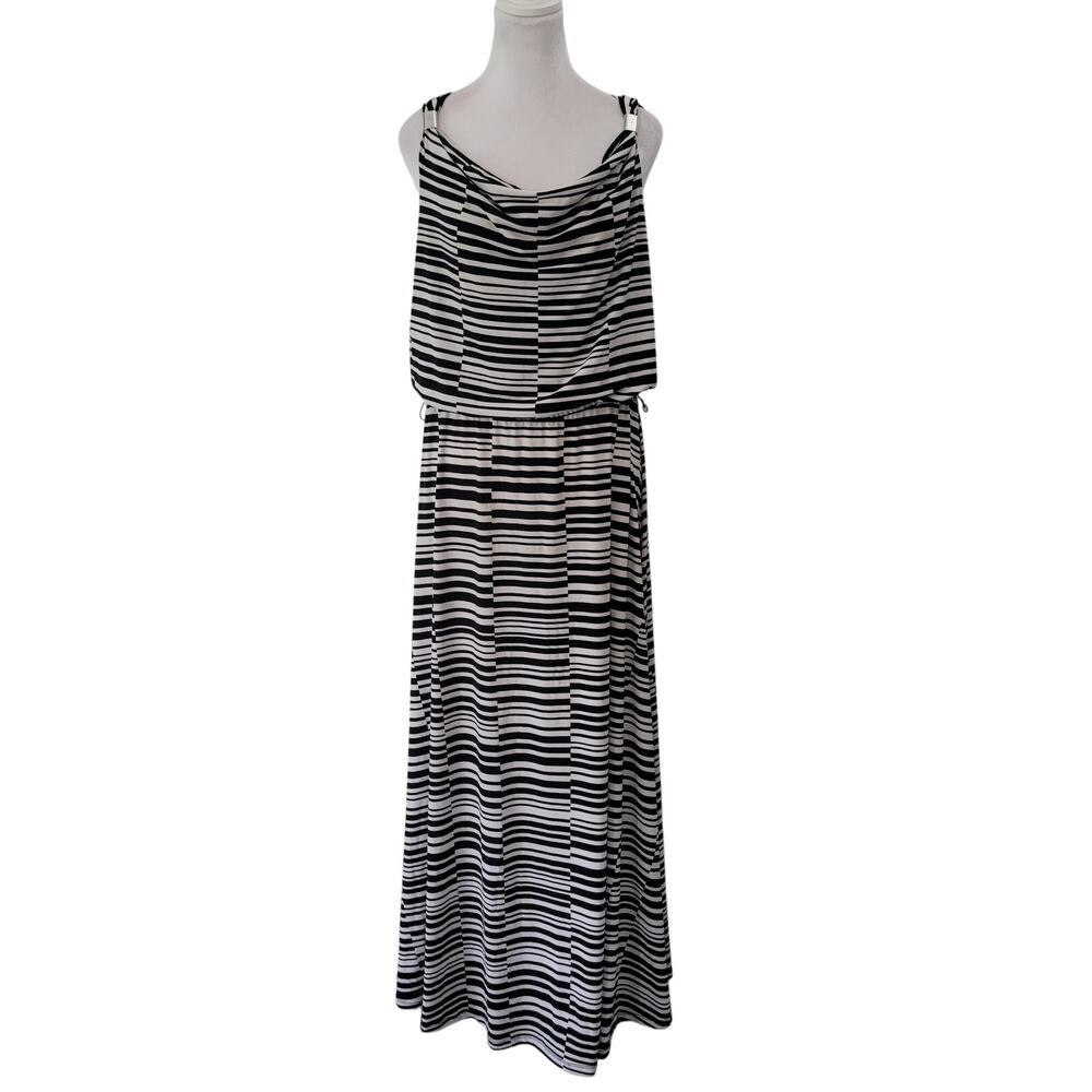 Calvin Klein Size M Black White‎ Striped Maxi Dress Sleeveless Cowl Neck